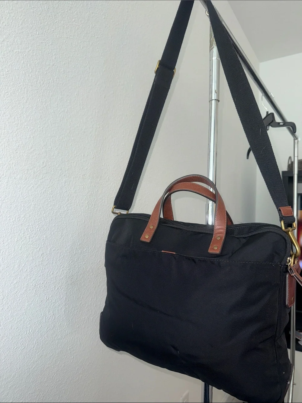 Black Nylon Briefcase with Brown Leather Handles